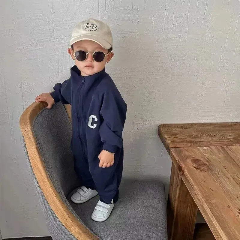 長袖ジャンプスーツ ベビージャンプスーツ 長袖つなぎ 襟付き ジップアップ レターロゴ 2カラー【mh0006447】