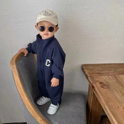 長袖ジャンプスーツ ベビージャンプスーツ 長袖つなぎ 襟付き ジップアップ レターロゴ 2カラー【mh0006447】