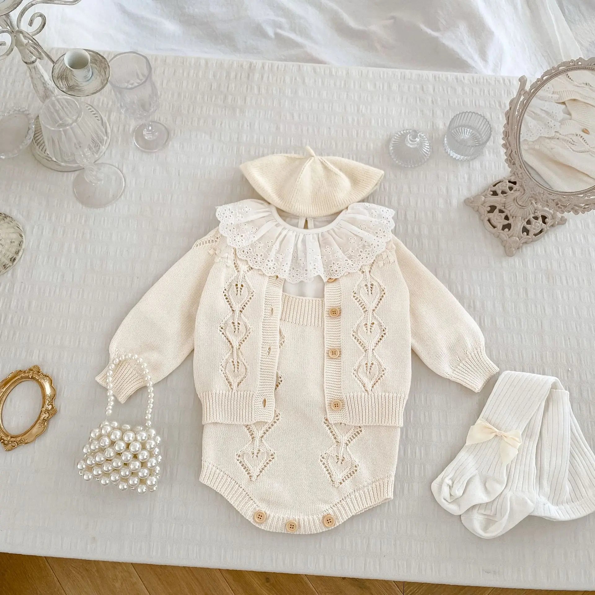 ロンパースセットアップ ベビーカーディガン/ロンパース ニットジャケット/ニットサスペンダーボディスーツ 2カラー【mh0006458】