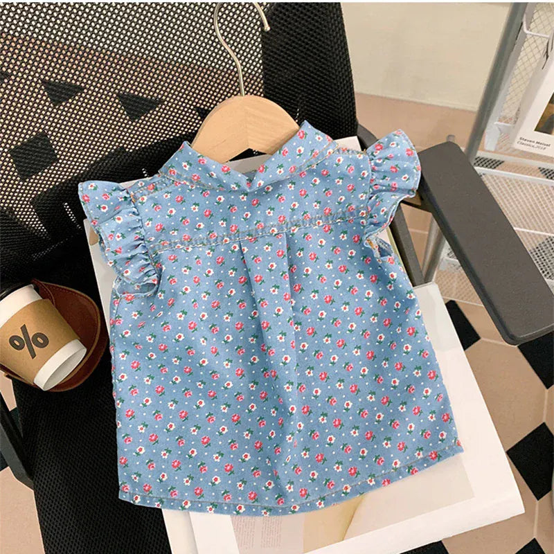 ノースリーブセットアップ キッズセットアップ 2点セット デニム フリルキャップスリーブブラウス+ショートパンツ フラワー花柄プリント【mh0006539】