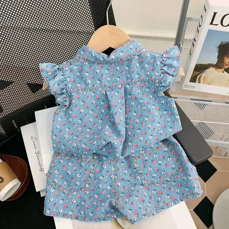ノースリーブセットアップ キッズセットアップ 2点セット デニム フリルキャップスリーブブラウス+ショートパンツ フラワー花柄プリント【mh0006539】