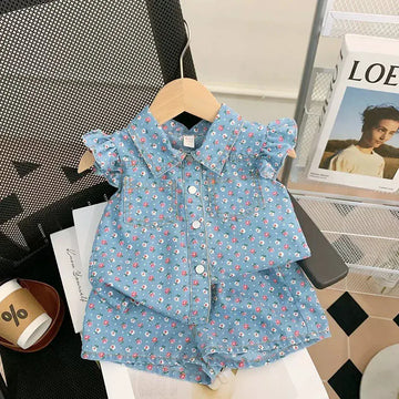 ノースリーブセットアップ キッズセットアップ 2点セット デニム フリルキャップスリーブブラウス+ショートパンツ フラワー花柄プリント【mh0006539】