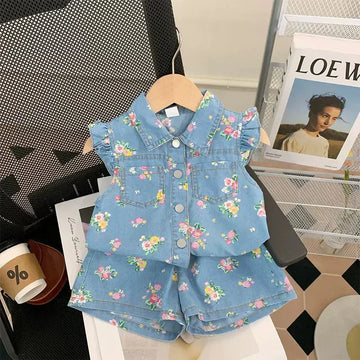 ノースリーブセットアップ キッズセットアップ 2点セット デニム フリルキャップスリーブブラウス+ショートパンツ フラワー花柄プリント【mh0006539】