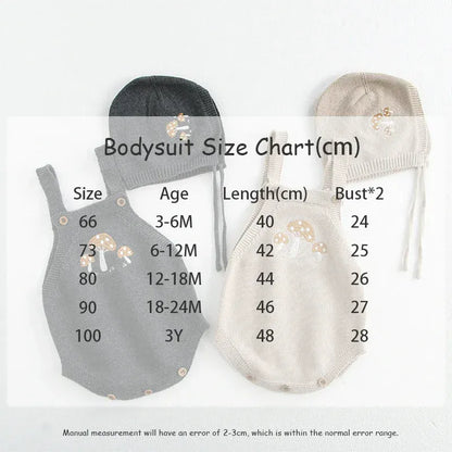 ロンパースセットアップ ベビーカーディガン/ロンパース ニットきのこ刺繍カーディガンジャケット/ニットマッシュルーム刺繍サスペンダーボディスーツ+ボンネット帽子セット 2カラー【mh0006696】