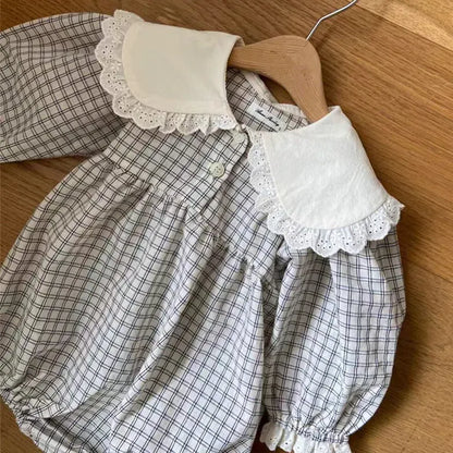 長袖ロンパース ベビーロンパース ビッグフリル襟チェック柄長袖ボディスーツ 2カラー【mh0006718】