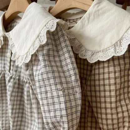 長袖ロンパース ベビーロンパース ビッグフリル襟チェック柄長袖ボディスーツ 2カラー【mh0006718】