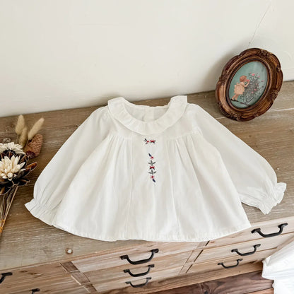 長袖シャツ・ブラウス キッズトップス サークルフリル襟刺繍ワンポイント長袖チュニックブラウス 2カラー【mh0006742】