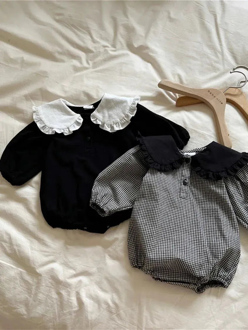 長袖ロンパース ベビーロンパース ビッグフリル襟バイカラー長袖ボディスーツ 2カラー【mh0006787】