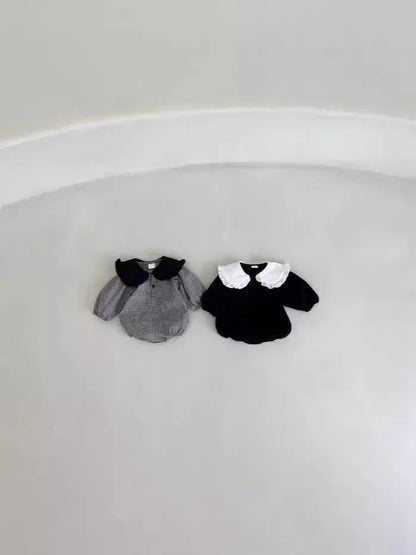 長袖ロンパース ベビーロンパース ビッグフリル襟バイカラー長袖ボディスーツ 2カラー【mh0006787】