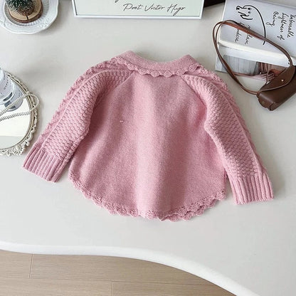 カーディガン・パーカー キッズカーディガン ぽんぽんリボン襟付きニットケープジャケット 2カラー【mh0006937】