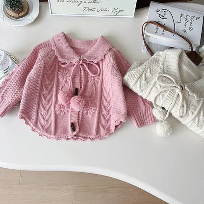 カーディガン・パーカー キッズカーディガン ぽんぽんリボン襟付きニットケープジャケット 2カラー【mh0006937】