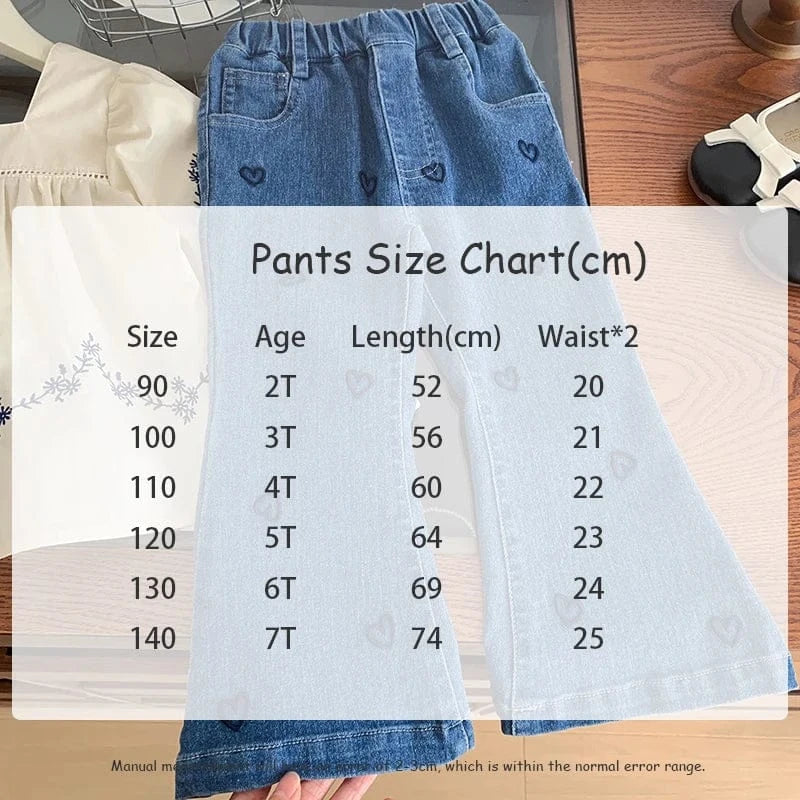 長袖セットアップ キッズセットアップ 2点セット スクエアネック刺繍長袖チュニックブラウス+ハート刺繍フレアデニムパンツ【mh0006940】