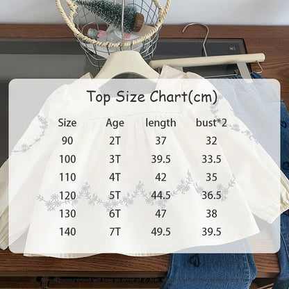 長袖セットアップ キッズセットアップ 2点セット スクエアネック刺繍長袖チュニックブラウス+ハート刺繍フレアデニムパンツ【mh0006940】