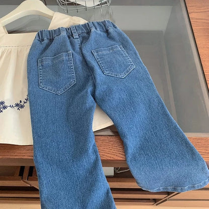 長袖セットアップ キッズセットアップ 2点セット スクエアネック刺繍長袖チュニックブラウス+ハート刺繍フレアデニムパンツ【mh0006940】