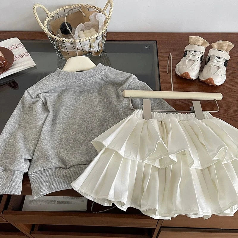 長袖セットアップ キッズセットアップ 2点セット シンプル長袖スウェットトレーナー+ボリュームプリーツティアードケーキスカート【mh0006941】