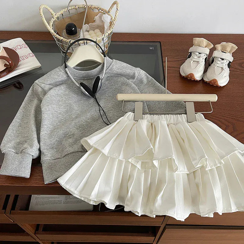 長袖セットアップ キッズセットアップ 2点セット シンプル長袖スウェットトレーナー+ボリュームプリーツティアードケーキスカート【mh0006941】