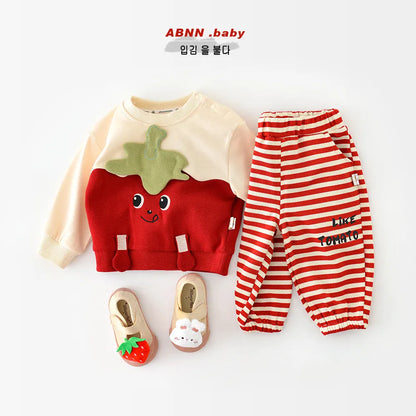 長袖セットアップ ベビーセットアップ 2点セット トマト長袖スウェットシャツ+ボーダーロングパンツ コスチューム【mh0007078】