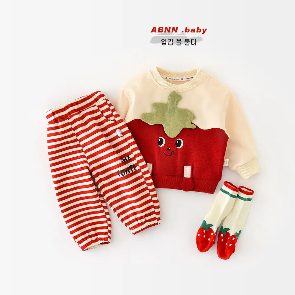 長袖セットアップ ベビーセットアップ 2点セット トマト長袖スウェットシャツ+ボーダーロングパンツ コスチューム【mh0007078】