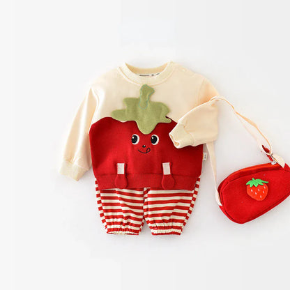 長袖セットアップ ベビーセットアップ 2点セット トマト長袖スウェットシャツ+ボーダーロングパンツ コスチューム【mh0007078】