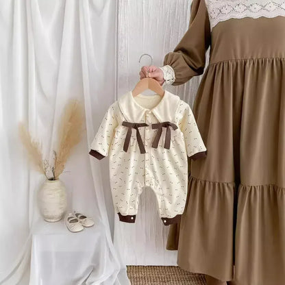 長袖ロンパース ベビーロンパース ビッグリボン丸襟長袖ジャンプスーツ 2カラー【mh0007100】