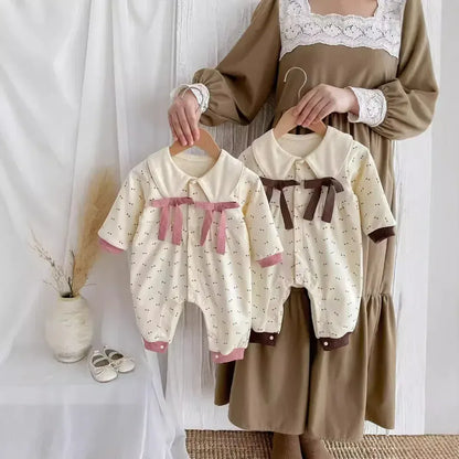 長袖ロンパース ベビーロンパース ビッグリボン丸襟長袖ジャンプスーツ 2カラー【mh0007100】