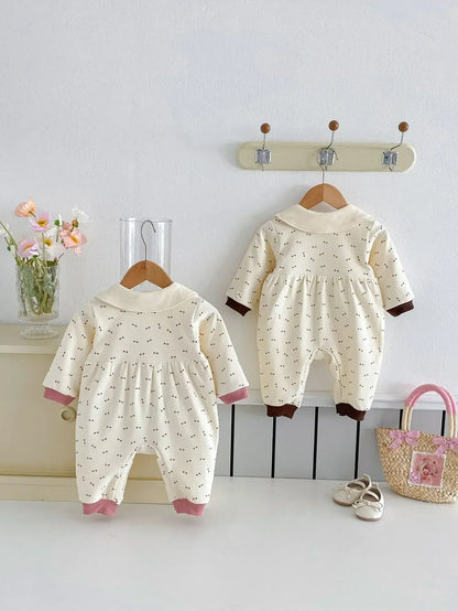 長袖ロンパース ベビーロンパース ビッグリボン丸襟長袖ジャンプスーツ 2カラー【mh0007100】