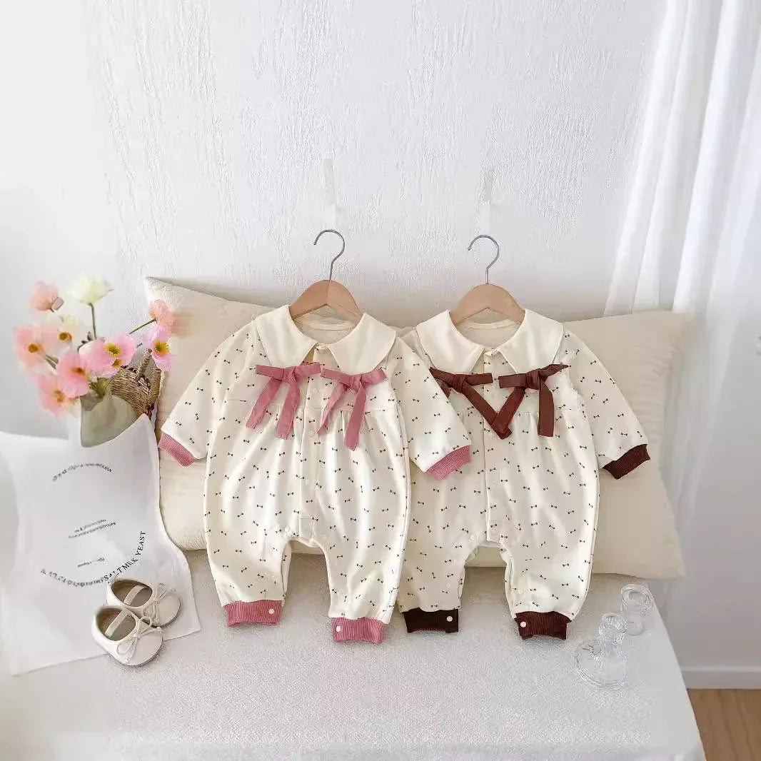 長袖ロンパース ベビーロンパース ビッグリボン丸襟長袖ジャンプスーツ 2カラー【mh0007100】