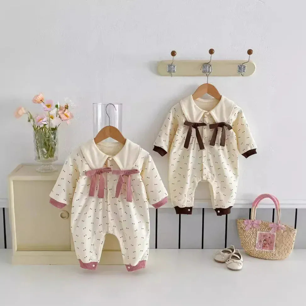 長袖ロンパース ベビーロンパース ビッグリボン丸襟長袖ジャンプスーツ 2カラー【mh0007100】