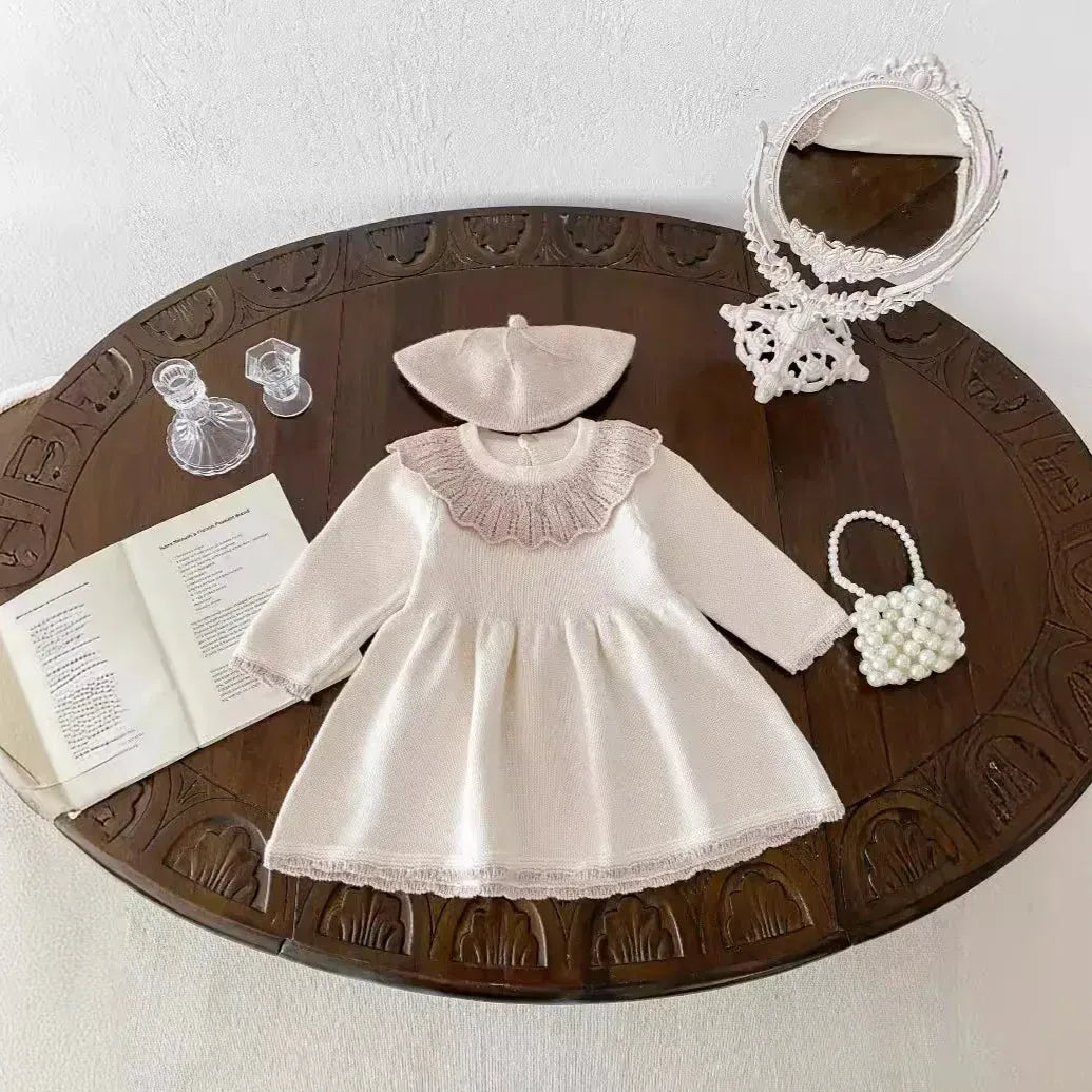 長袖ワンピース ベビーキッズ レースラッフルカラーニット長袖ワンピース 2カラー【mh0007134】