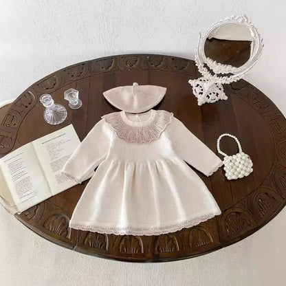 長袖ワンピース ベビーキッズ レースラッフルカラーニット長袖ワンピース 2カラー【mh0007134】