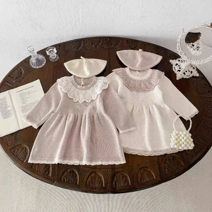 長袖ワンピース ベビーキッズ レースラッフルカラーニット長袖ワンピース 2カラー【mh0007134】