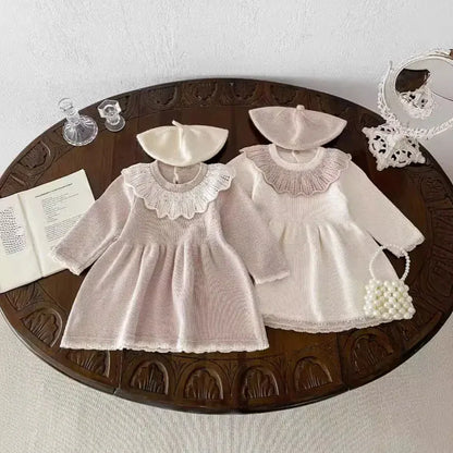 長袖ワンピース ベビーキッズ レースラッフルカラーニット長袖ワンピース 2カラー【mh0007134】