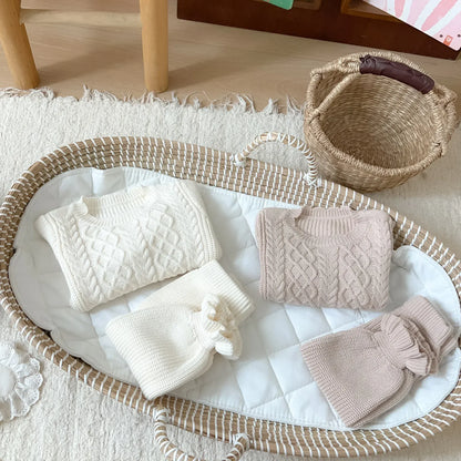 長袖セットアップ ベビーキッズトップス/パンツ アラン編みケーブルニットセーター/裾フリルニットロングパンツ 2カラー【mh0007151】