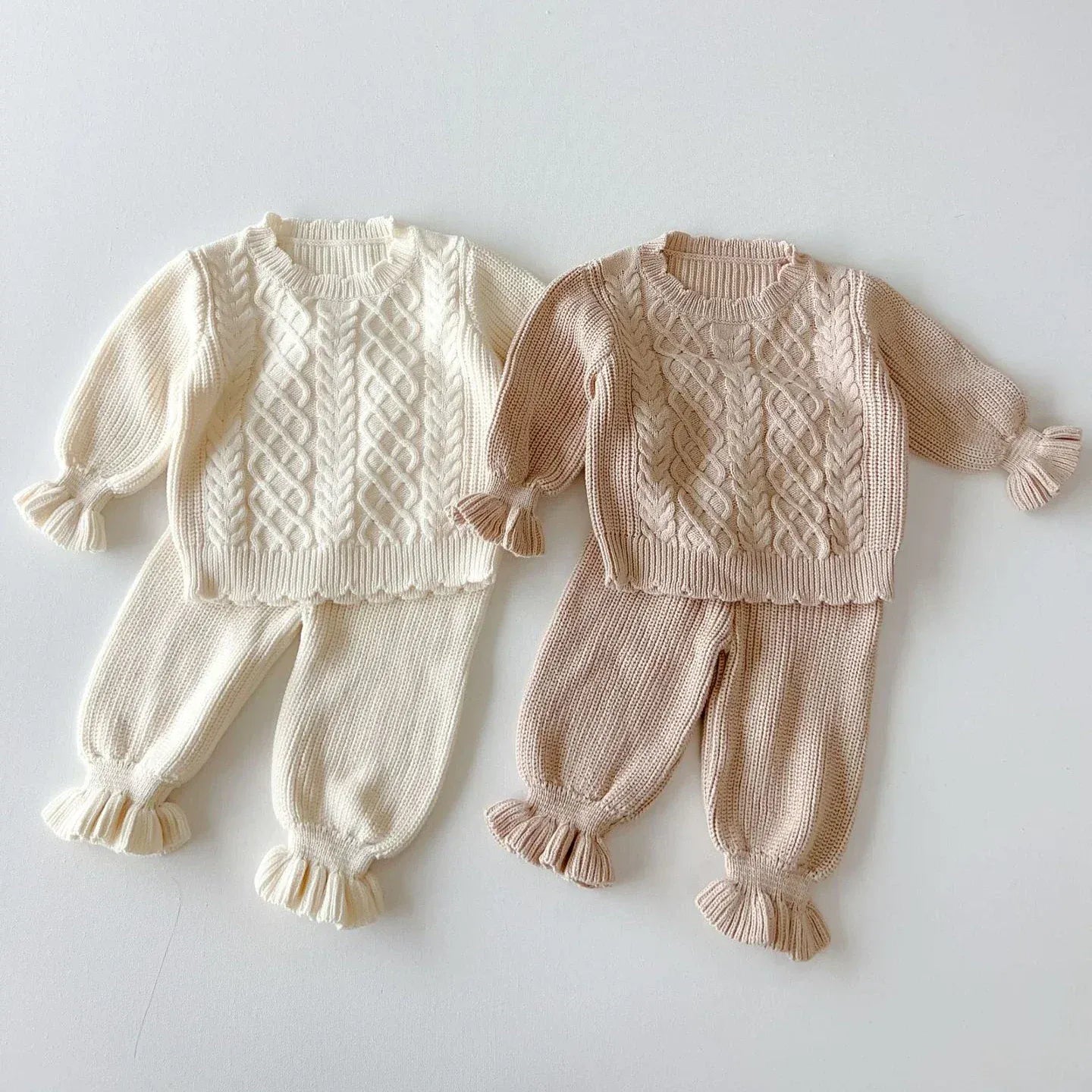 長袖セットアップ ベビーキッズトップス/パンツ アラン編みケーブルニットセーター/裾フリルニットロングパンツ 2カラー【mh0007151】