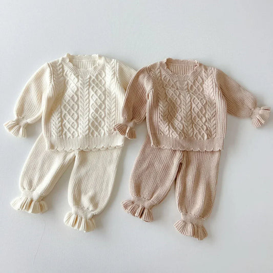 長袖セットアップ ベビーキッズトップス/パンツ アラン編みケーブルニットセーター/裾フリルニットロングパンツ 2カラー【mh0007151】