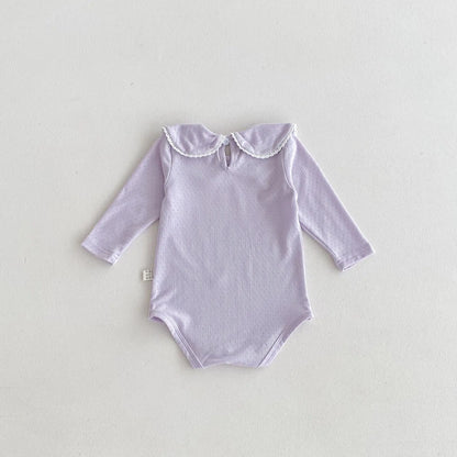 長袖ロンパース ベビーロンパース レース縁取り丸襟長袖シンプルボディスーツ 2カラー【mh0007167】