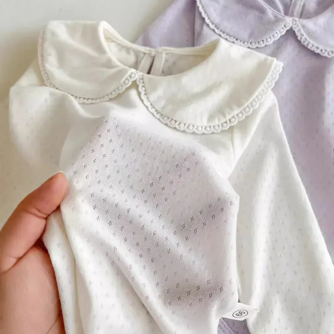 長袖ロンパース ベビーロンパース レース縁取り丸襟長袖シンプルボディスーツ 2カラー【mh0007167】