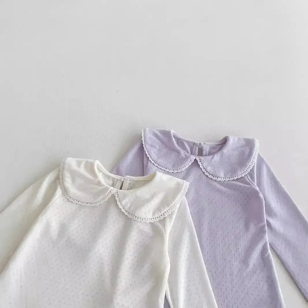 長袖ロンパース ベビーロンパース レース縁取り丸襟長袖シンプルボディスーツ 2カラー【mh0007167】