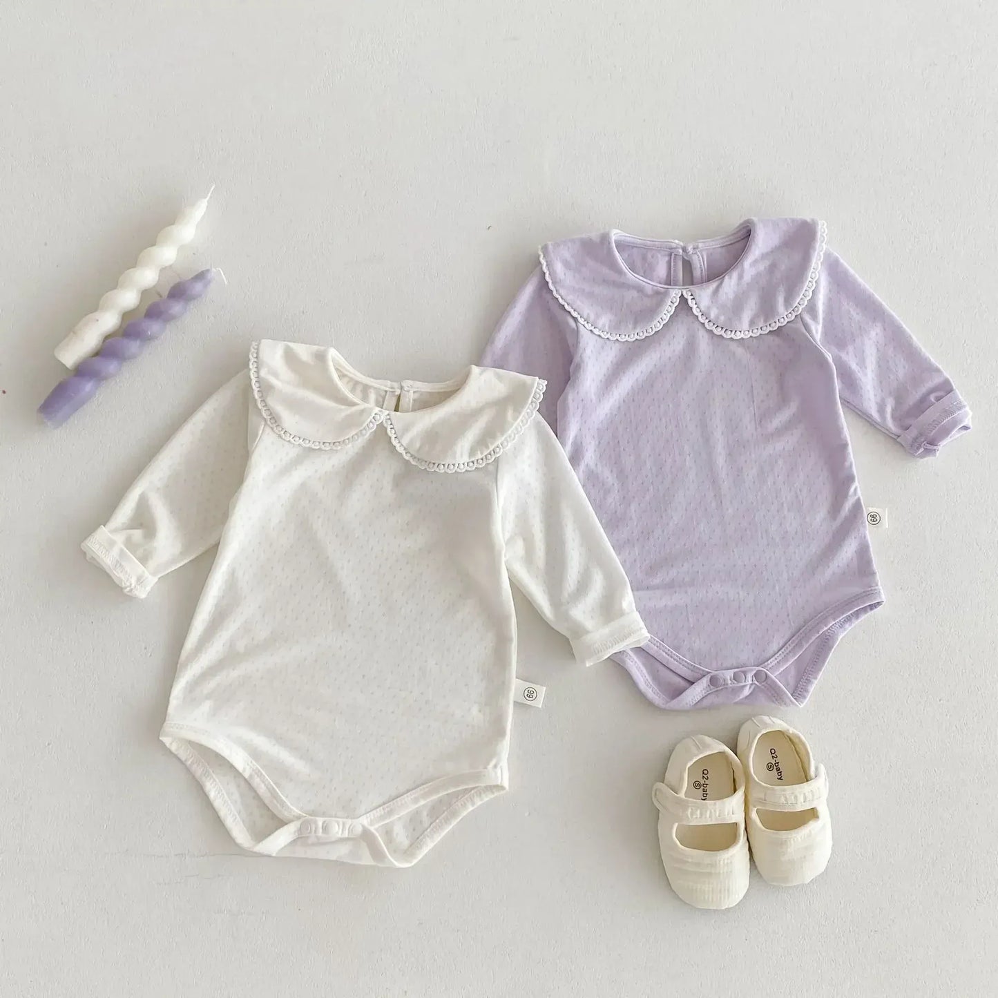 長袖ロンパース ベビーロンパース レース縁取り丸襟長袖シンプルボディスーツ 2カラー【mh0007167】