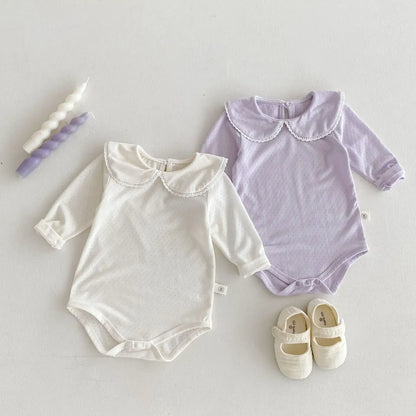 長袖ロンパース ベビーロンパース レース縁取り丸襟長袖シンプルボディスーツ 2カラー【mh0007167】