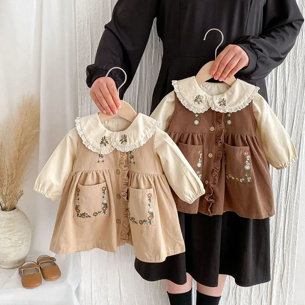 長袖セットアップ ベビーキッズトップス/ワンピース フラワー刺繍襟長袖ブラウス/フラワー刺繍ノースリーブワンピース 2カラー【mh0007180】