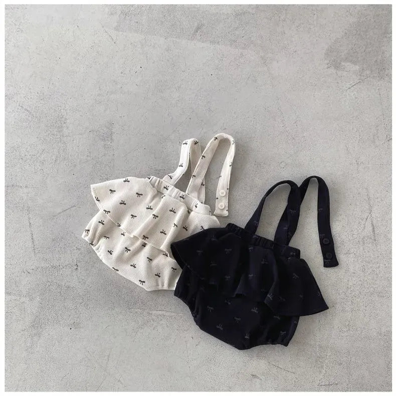 長袖セットアップ ベビートップス/パンツ レース刺繍ノーカラー長袖ブラウス/リボンプリントフリルスカートサスペンダーブルマ 2カラー【mh0007214】