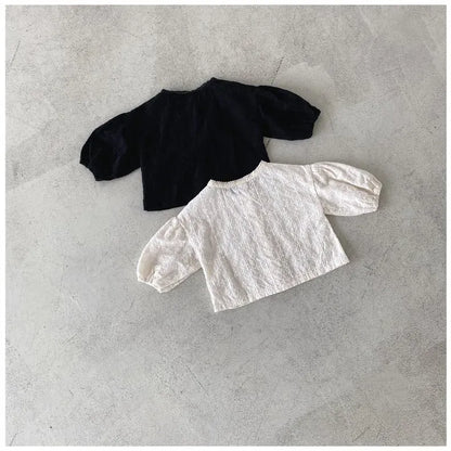 長袖セットアップ ベビートップス/パンツ レース刺繍ノーカラー長袖ブラウス/リボンプリントフリルスカートサスペンダーブルマ 2カラー【mh0007214】