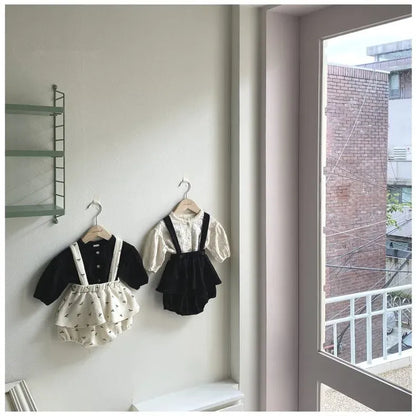 長袖セットアップ ベビートップス/パンツ レース刺繍ノーカラー長袖ブラウス/リボンプリントフリルスカートサスペンダーブルマ 2カラー【mh0007214】