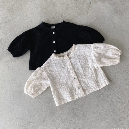 長袖セットアップ ベビートップス/パンツ レース刺繍ノーカラー長袖ブラウス/リボンプリントフリルスカートサスペンダーブルマ 2カラー【mh0007214】