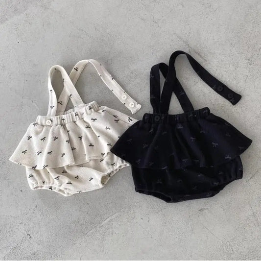 長袖セットアップ ベビートップス/パンツ レース刺繍ノーカラー長袖ブラウス/リボンプリントフリルスカートサスペンダーブルマ 2カラー【mh0007214】