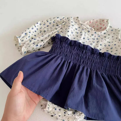 長袖ロンパース ベビーロンパース フラワープリントシャーリングスカートドッキング長袖ボディスーツ 2カラー【mh0007322】