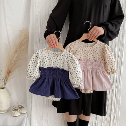 長袖ロンパース ベビーロンパース フラワープリントシャーリングスカートドッキング長袖ボディスーツ 2カラー【mh0007322】