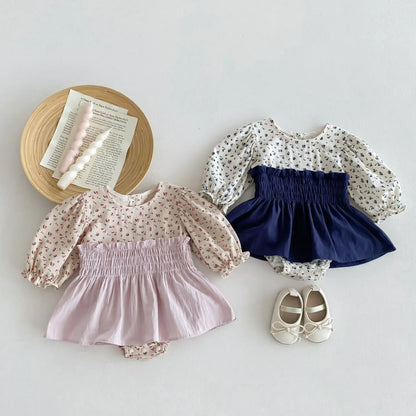 長袖ロンパース ベビーロンパース フラワープリントシャーリングスカートドッキング長袖ボディスーツ 2カラー【mh0007322】