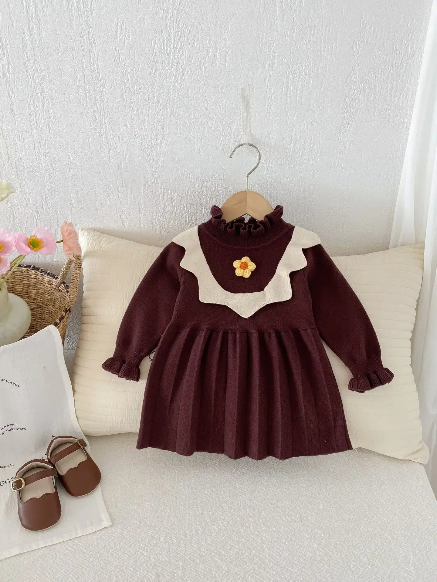 長袖ワンピース ベビーキッズワンピース ニットフラワー長袖ワンピース 2カラー【mh0007327】